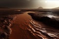 Red planet landscape with water in soil. Mars colonization. Generative AI