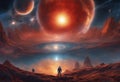 A red planet with a large red moon, a blue sky, and a red sun. The planet has a red sky and is surrounded by red mountains. Royalty Free Stock Photo