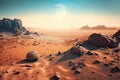 Red planet with rusty desert and a moon in the turquoise sky. Generative AI