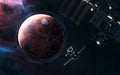 Red planet of solar system. Mars. Visualization of satellite orbits. Space stations blurred in motion. 3D render Royalty Free Stock Photo