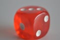Red plastic arcylic d6 six sided die dice close up variable focus