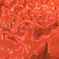 Red plastic background with bulges wave surface. Smooth relief forms soft shadows and curves. Paint fluid. 3D rendering