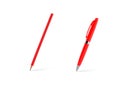 Red plastic ballpoint pen and pencil on a white background. Royalty Free Stock Photo