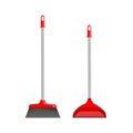 Red plastic broom and dustpan isolated on white background.