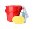 Red plastic bucket, bottle of detergent and cleaning tools on white background Royalty Free Stock Photo