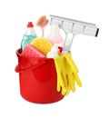 Red plastic bucket with cleaning supplies and tools isolated on white Royalty Free Stock Photo