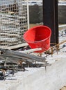 Plastic bucket in the construction site during the masonry strik