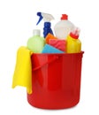 Red plastic bucket with different cleaning products isolated on white Royalty Free Stock Photo