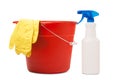 Red Plastic Bucket Used for Cleaning with Yellow Rubber Gloves and a Spray Bottle Royalty Free Stock Photo