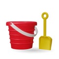 A red plastic bucket and a yellow shovel 3d kids toys. Vector illustration. Toy plastic bucket and a yellow shovel gift Royalty Free Stock Photo