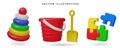 A red plastic bucket and a yellow shovel, pyramid, puzzle 3d kids toys. Vector illustration. Toy plastic bucket, shovel Royalty Free Stock Photo