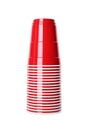 Red plastic cups on white background. Beer pong game Royalty Free Stock Photo