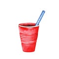 Red plastic disposable cup with blue straw. Hand drawn watercolor illustration isolated on white background. For cocktails, water Royalty Free Stock Photo