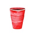 Red plastic disposable cup. Hand drawn watercolor illustration isolated on white background. Pink glass for cocktails, water, soft Royalty Free Stock Photo