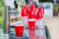 Red Plastic Drinking Cups. Plastic red solo drinking cups for beer pong or drinking game. Royalty Free Stock Photo