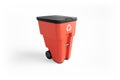 Red plastic garbage bin with recycling logo