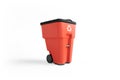Red plastic garbage bin with recycling logo
