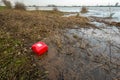 Red plastic jerrycan washed ashore Royalty Free Stock Photo
