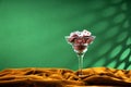 Red plastic poker chips lie in a glass margarita glass on a brown velvet cloth. A fan of small playing cards on the rim of a glass Royalty Free Stock Photo