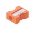 Red plastic sharpener for pencils with sharp blade isometric vector illustration. Stationery supply