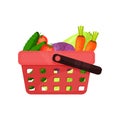 Red plastic shopping basket full of fresh vegetables. Natural and healthy food. Organic farm products. Flat vector icon Royalty Free Stock Photo