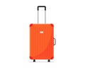 Red plastic suitcase for travel with wheels and retractable handle front view. Baggage bag for summer vacatoin jourmey Royalty Free Stock Photo