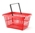 Red plastic supermarket basket with single handle isolated on white background