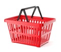 Red plastic supermarket basket with two handles isolated on white background