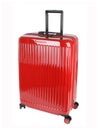 Red plastic travel suitcase isolated on white