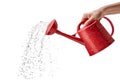 A red plastic watering can in hand isolated on a white or transparent background. Close-up of the watering can in hand Royalty Free Stock Photo