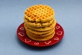 Red plate with blueberry wafles Royalty Free Stock Photo