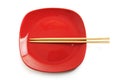 Red plate with chinese sticks