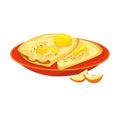 Red plate pancakes topped slices butter side lemon wedges. Delicious breakfast food illustration Royalty Free Stock Photo