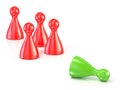 Red play figures standing and green one lying