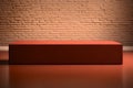 Red plinth against a warm brick background, studio setting, soft light. Generative AI