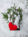 Red plush heart and fir tree branches in wooden box in winter garden. Royalty Free Stock Photo