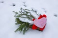 Red plush heart and fir tree branches in wooden box in winter garden. Royalty Free Stock Photo