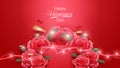 Red podium with realistic rose elements, green leaf and heart shaped light bulb with golden ribbon