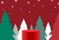 Red podium or  showcase to place products  isolate on red  background with falling snow, tree, forest, 3d paper cut style,for new Royalty Free Stock Photo