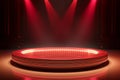 A red podium with spotlights on a black stage in a dark room Royalty Free Stock Photo