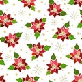 Red poinsettia Christmas golden snowflakes and stars flat vector illustration Royalty Free Stock Photo