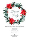 Red poinsettia flowers, christmas greenery, emerald eucalyptus,