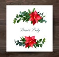 Red poinsettia flowers, christmas greenery, emerald eucalyptus