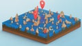 Red pointers, markers on the 3D map navigation. Contour lines on a topographic map. Studying the geography of the area