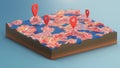 Red pointers, markers on the 3D map navigation. Contour lines on a topographic map. Studying the geography of the area