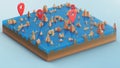 Red pointers, markers on the 3D map navigation. Contour lines on a topographic map. Studying the geography of the area