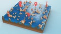 Red pointers, markers on the 3D map navigation. Contour lines on a topographic map. Studying the geography of the area