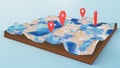 Red pointers, markers on the 3D map navigation. Contour lines on a topographic map. Studying the geography of the area