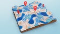 Red pointers, markers on the 3D map navigation. Contour lines on a topographic map. Studying the geography of the area