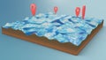Red pointers, markers on the 3D map navigation. Contour lines on a topographic map. Studying the geography of the area